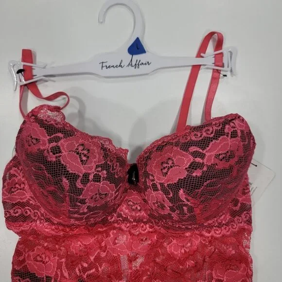 French Affair Floral Pink Lace Push-up Bodysuit Lingerie  Sz Large - Picture 10 of 16